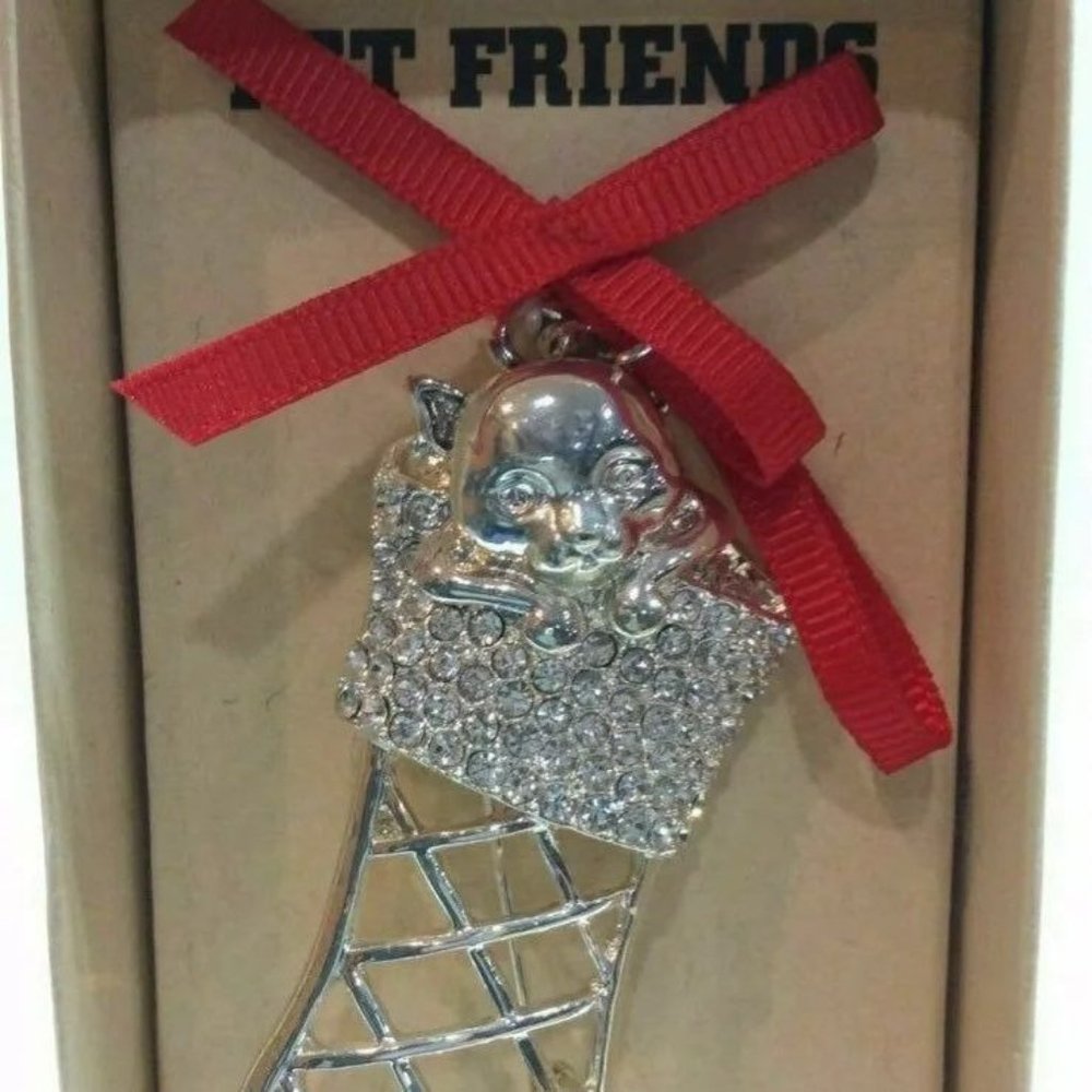 Silver Rhinestone Brooch Christmas Kitty Cat Stocking Pin Pet Friends - Picture 2 of 4